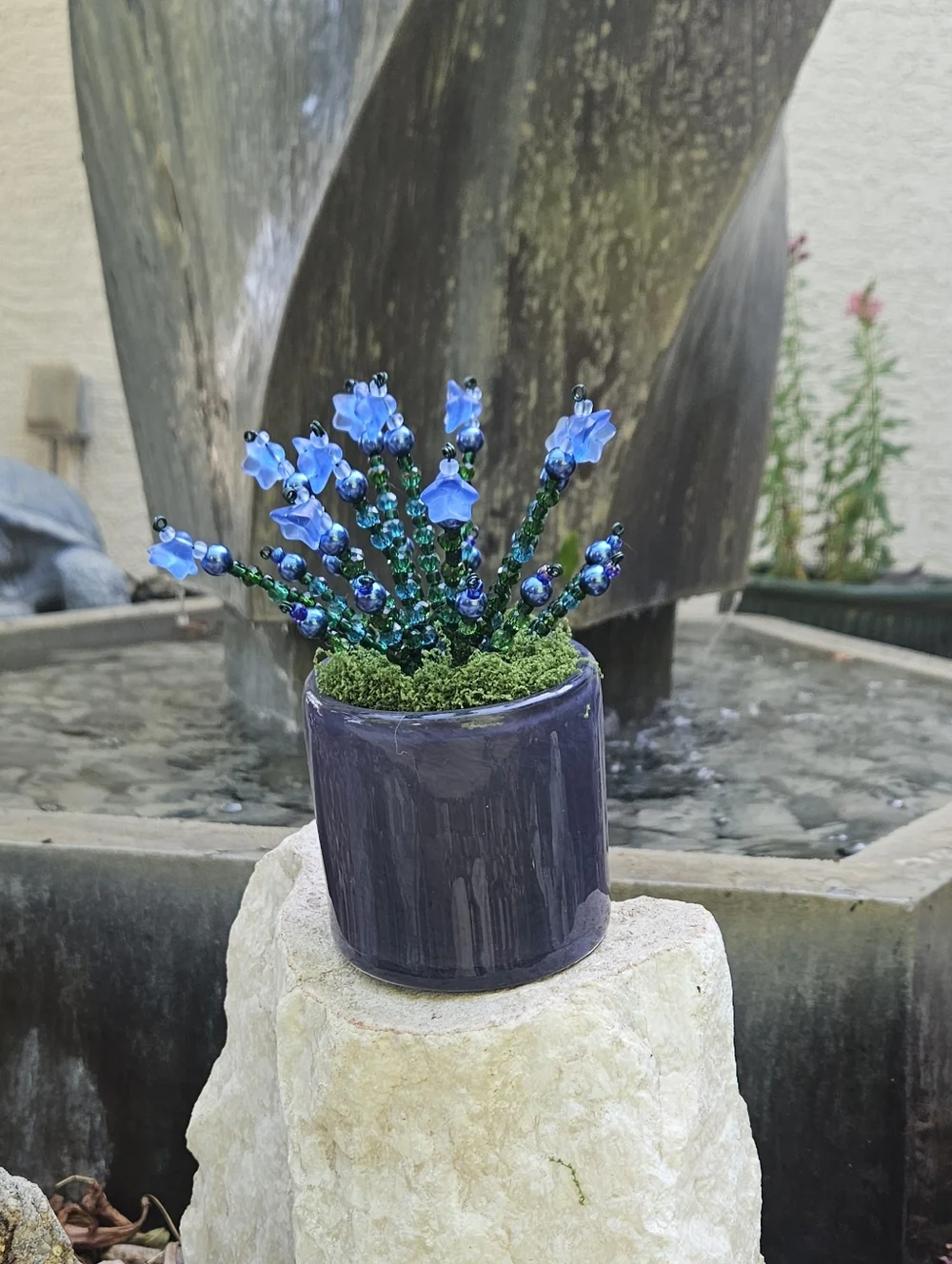 Handmade  Blue Bead Floral Accent in Dark Blue Planter